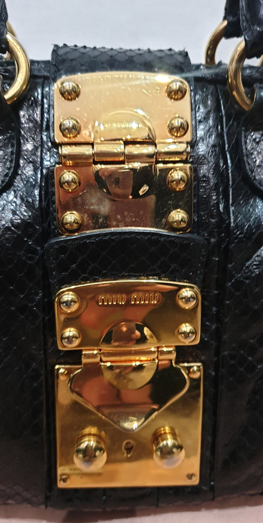 MIU MIU Midnight Blue Black Python Gold Tone Pleat Hand Held Dual Handle Tote Bag