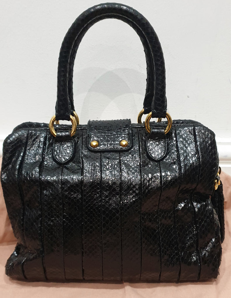 MIU MIU Midnight Blue Black Python Gold Tone Pleat Hand Held Dual Handle Tote Bag