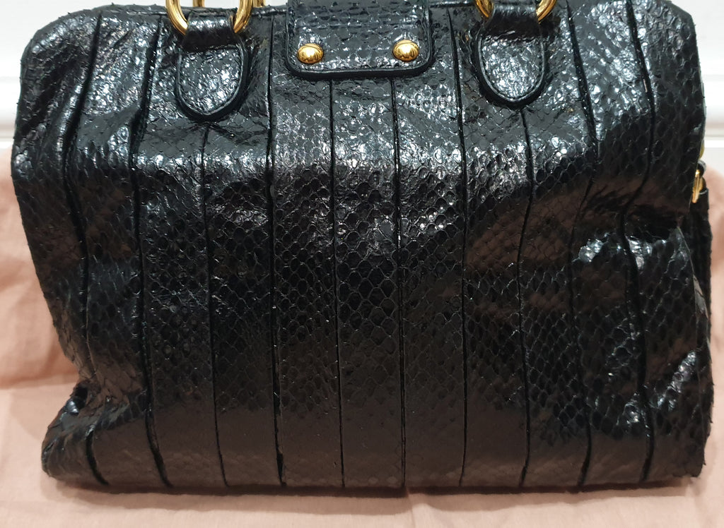 MIU MIU Midnight Blue Black Python Gold Tone Pleat Hand Held Dual Handle Tote Bag