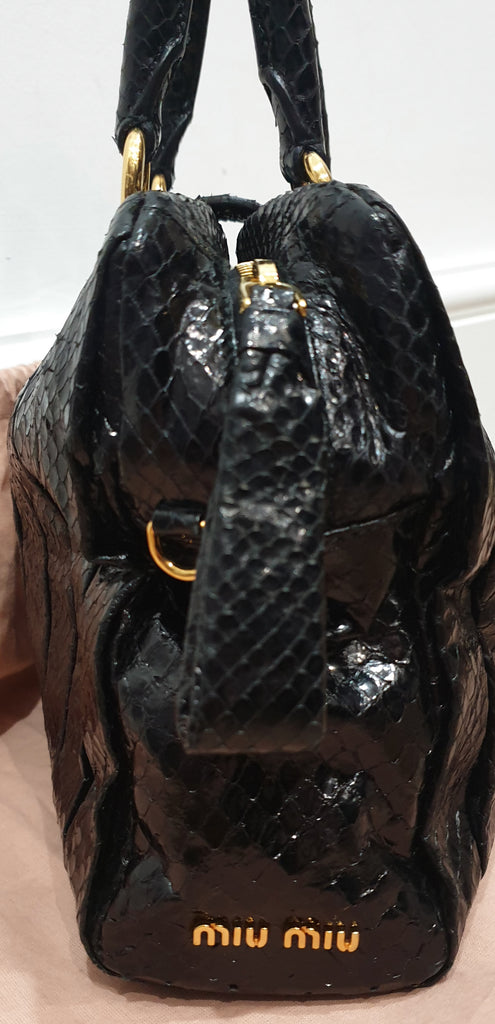 MIU MIU Midnight Blue Black Python Gold Tone Pleat Hand Held Dual Handle Tote Bag