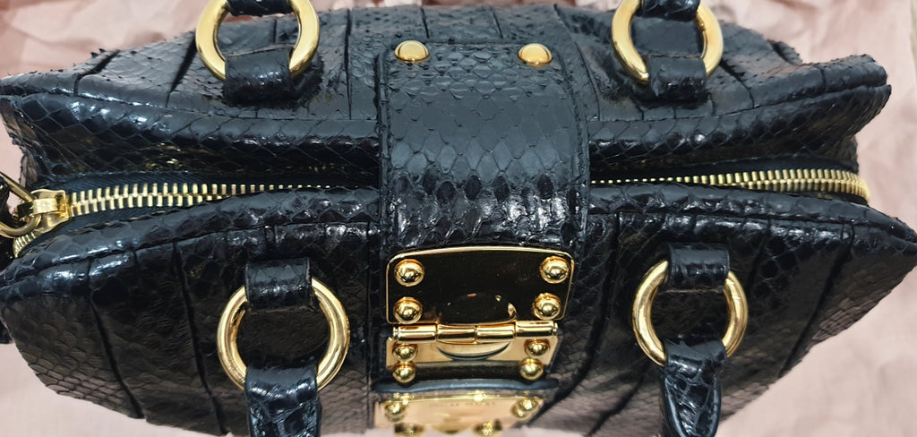 MIU MIU Midnight Blue Black Python Gold Tone Pleat Hand Held Dual Handle Tote Bag