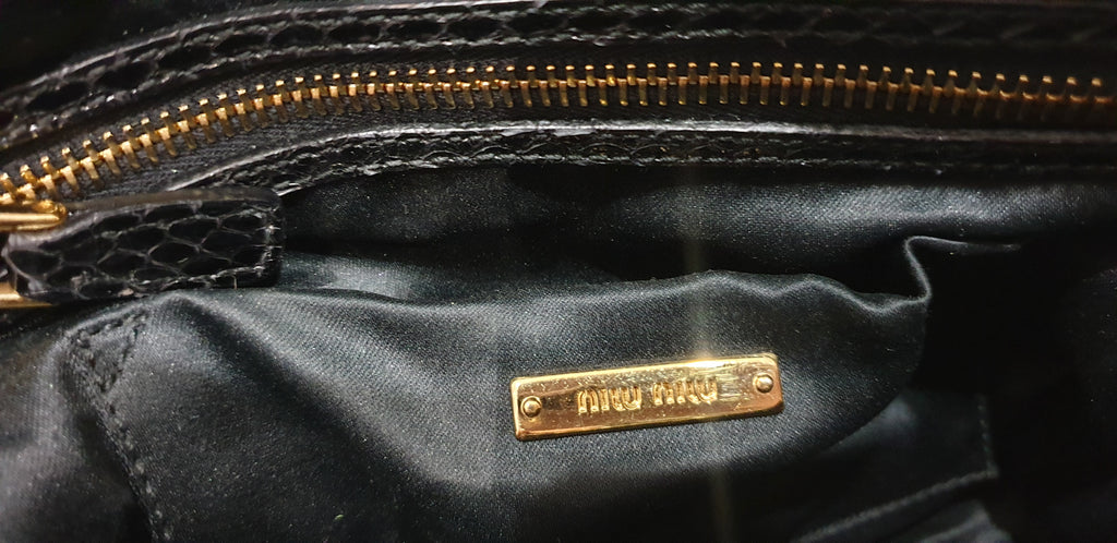 MIU MIU Midnight Blue Black Python Gold Tone Pleat Hand Held Dual Handle Tote Bag