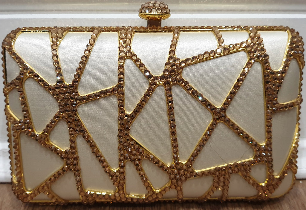 Designer Cream Satin Gold Crystal Embellished Evening Clutch Shoulder Bag Purse