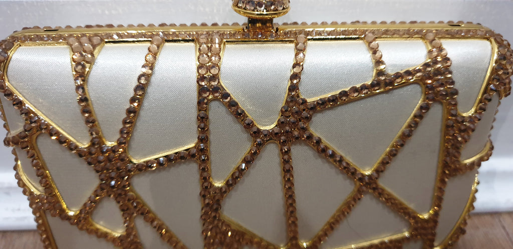 Designer Cream Satin Gold Crystal Embellished Evening Clutch Shoulder Bag Purse