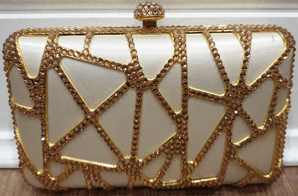 Designer Cream Satin Gold Crystal Embellished Evening Clutch Shoulder Bag Purse