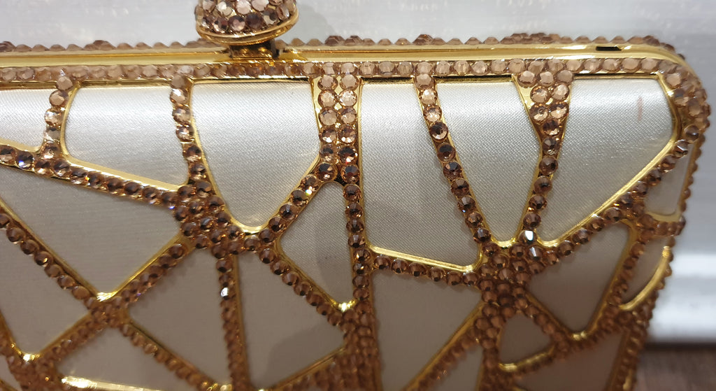 Designer Cream Satin Gold Crystal Embellished Evening Clutch Shoulder Bag Purse