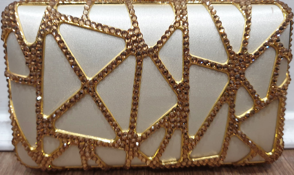 Designer Cream Satin Gold Crystal Embellished Evening Clutch Shoulder Bag Purse