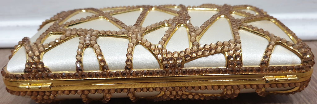 Designer Cream Satin Gold Crystal Embellished Evening Clutch Shoulder Bag Purse