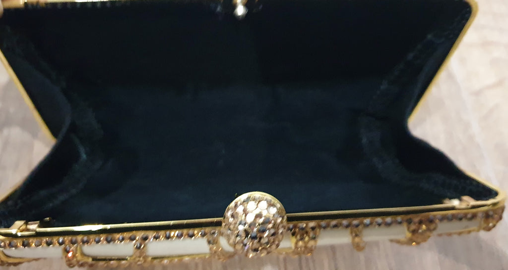 Designer Cream Satin Gold Crystal Embellished Evening Clutch Shoulder Bag Purse