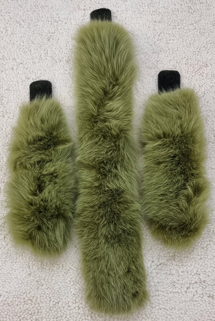 DESIGNER Luxurious Green Rabbit Fur Hook & Pile Fastened Loop Scarf & Cuffs Set