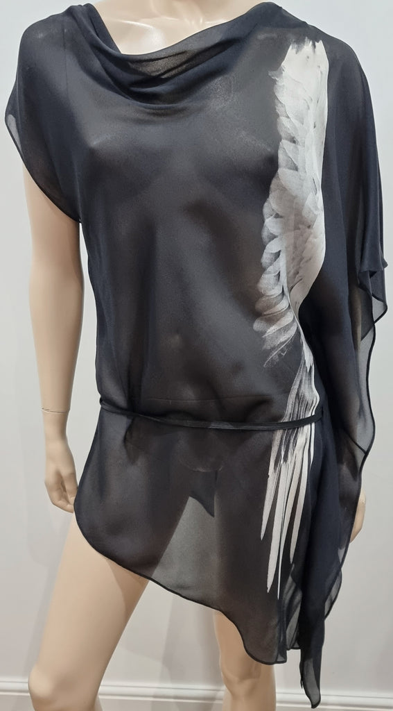 HELMUT LANG Black Sheer Cap Sleeve Drape Side Long Length Blouse Tunic Top M