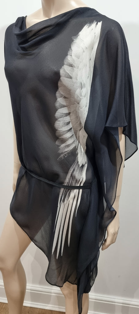 HELMUT LANG Black Sheer Cap Sleeve Drape Side Long Length Blouse Tunic Top M