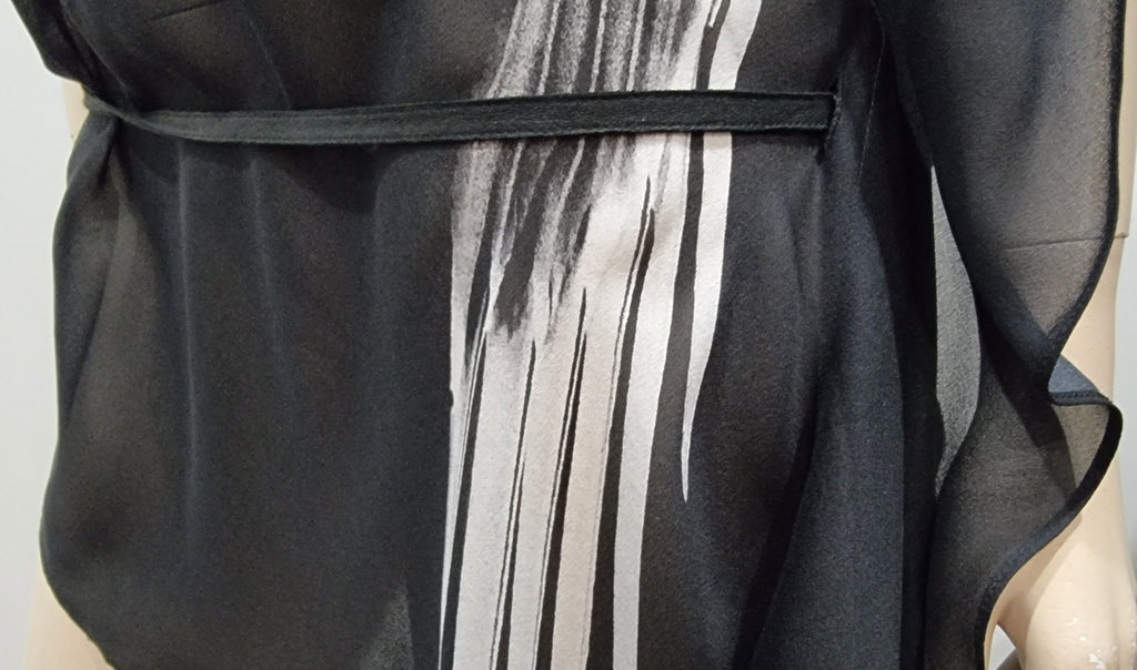 HELMUT LANG Black Sheer Cap Sleeve Drape Side Long Length Blouse Tunic Top M