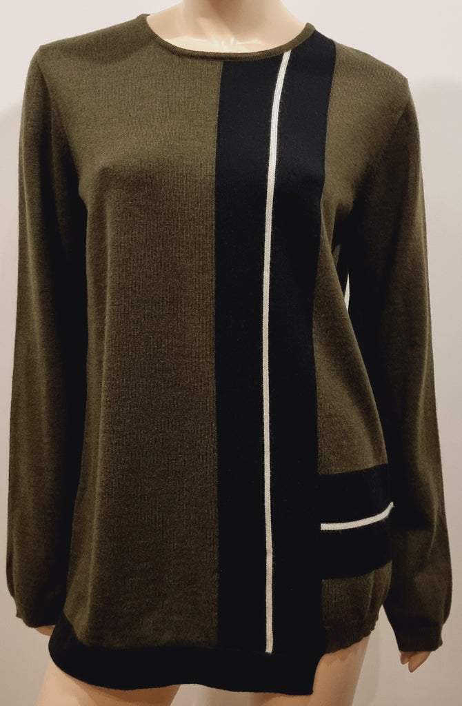 NO 21 Olive Green Wool Black & White Stripe Knitwear Long Sleeve Jumper Sweater