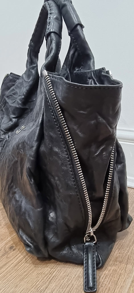 GIVENCHY Black Wrinkled Leather Branded Silver Side Zipper Expandable Tote Bag