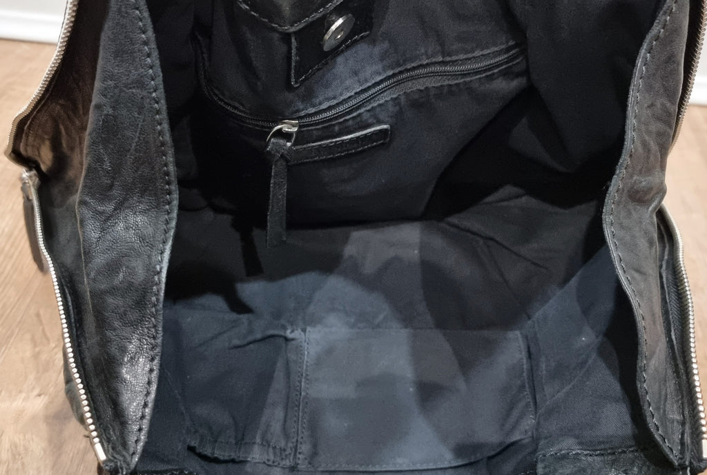 GIVENCHY Black Wrinkled Leather Branded Silver Side Zipper Expandable Tote Bag