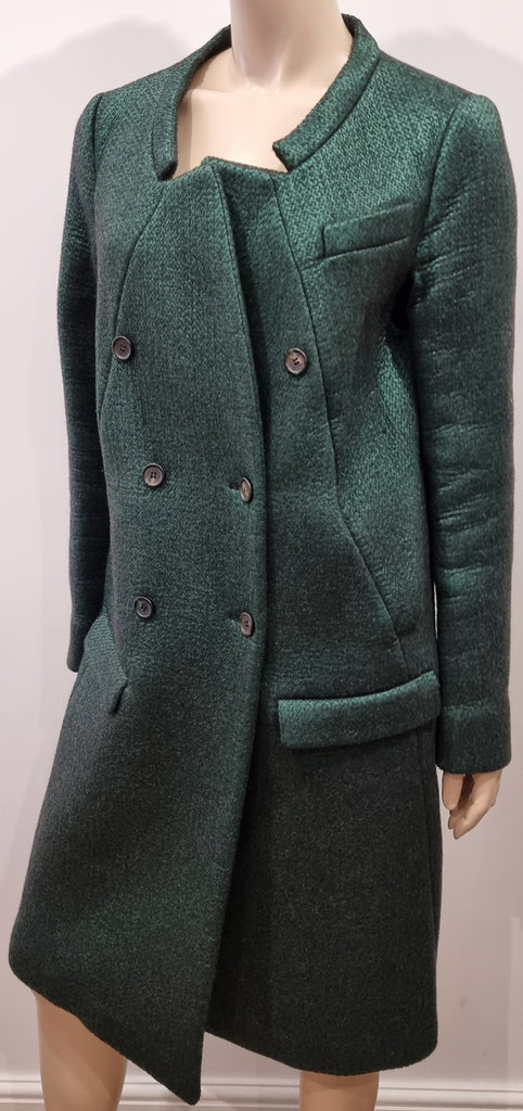 PRADA Emerald Green Black Textured Wool Silk Double Breasted Formal Coat 44 UK12