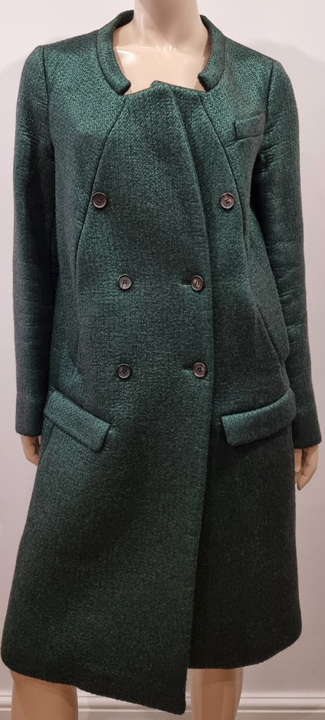 PRADA Emerald Green Black Textured Wool Silk Double Breasted Formal Coat 44 UK12