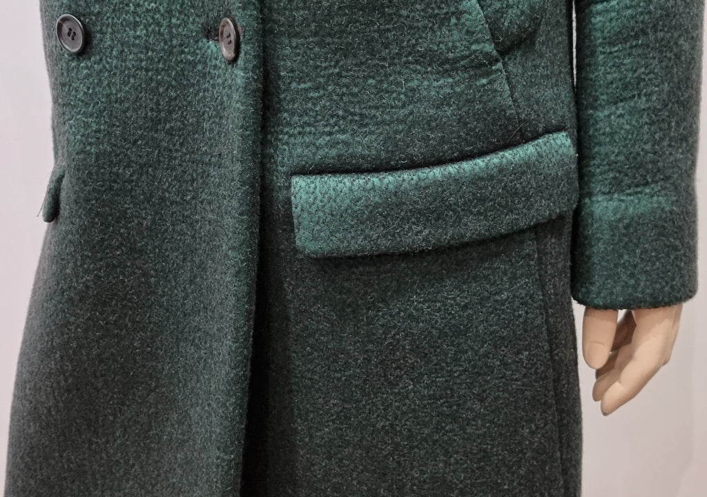 PRADA Emerald Green Black Textured Wool Silk Double Breasted Formal Coat 44 UK12