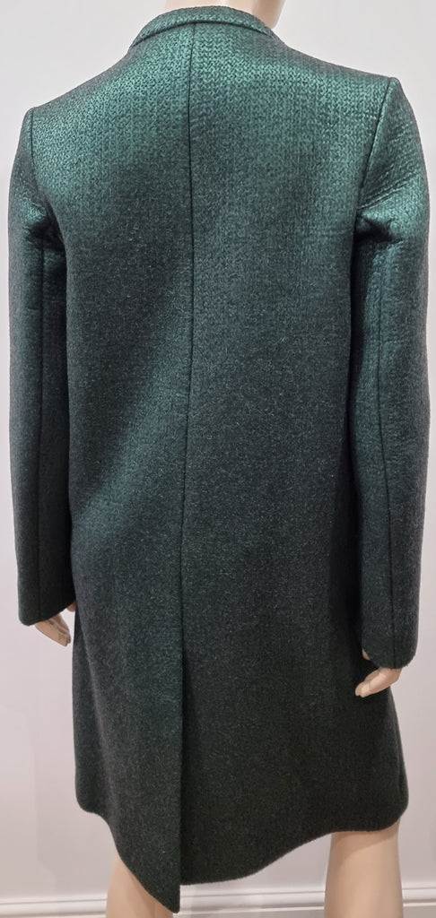 PRADA Emerald Green Black Textured Wool Silk Double Breasted Formal Coat 44 UK12