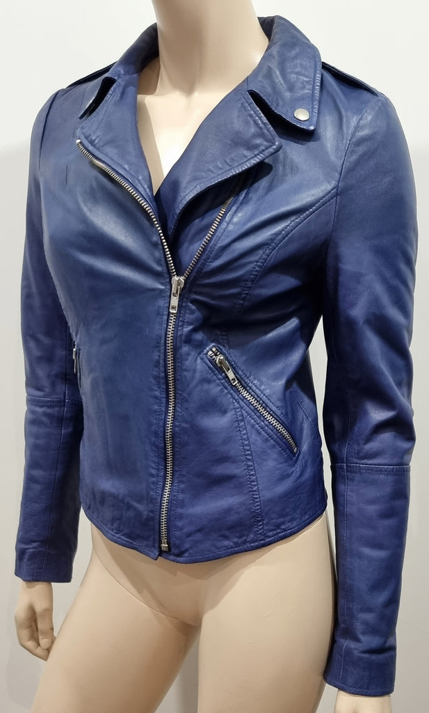 MUUBAA Blue Leather Collared Silver Tone Zipper Fastened Lined Biker Jacket UK8