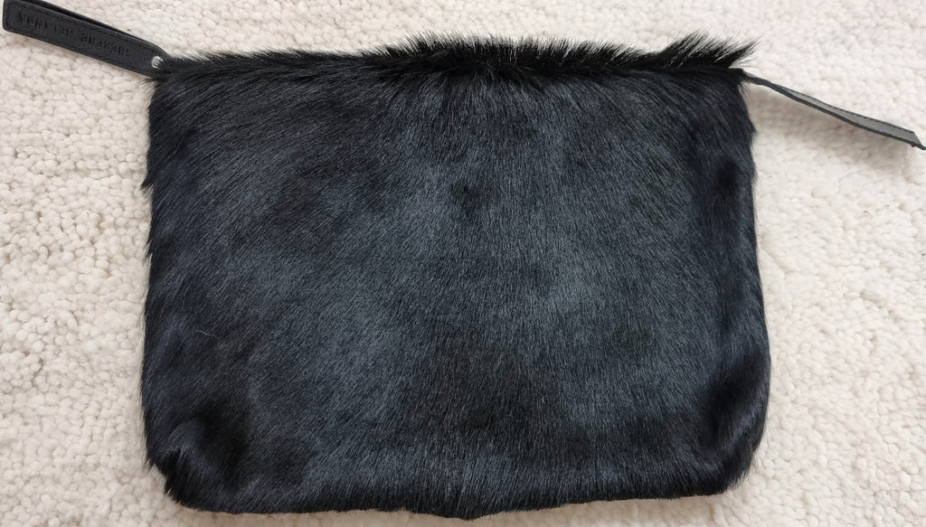 SHERENE MELINDA LONDON Black Leather & Springbok Hair Zip Fasten Clutch Bag