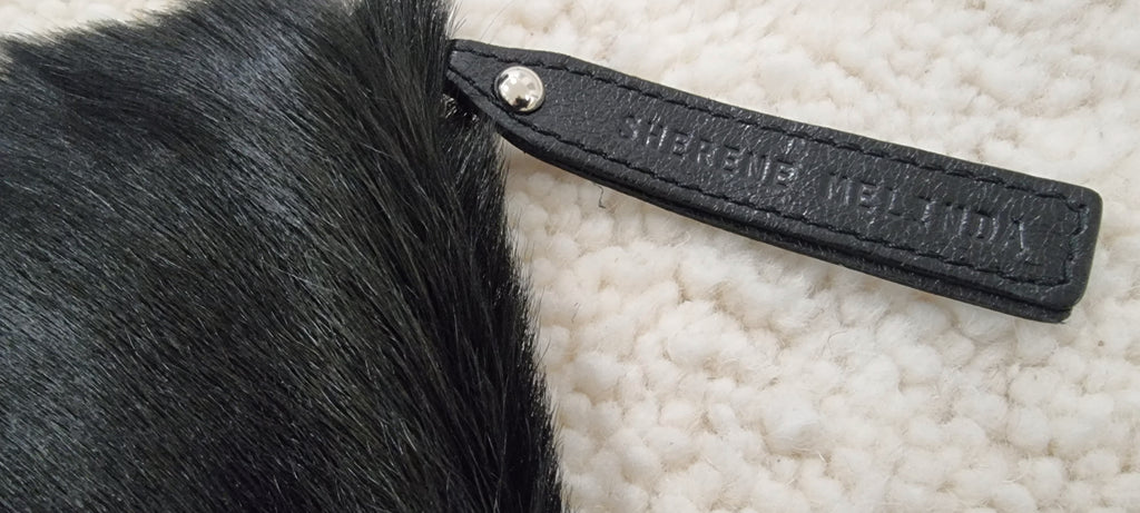 SHERENE MELINDA LONDON Black Leather & Springbok Hair Zip Fasten Clutch Bag