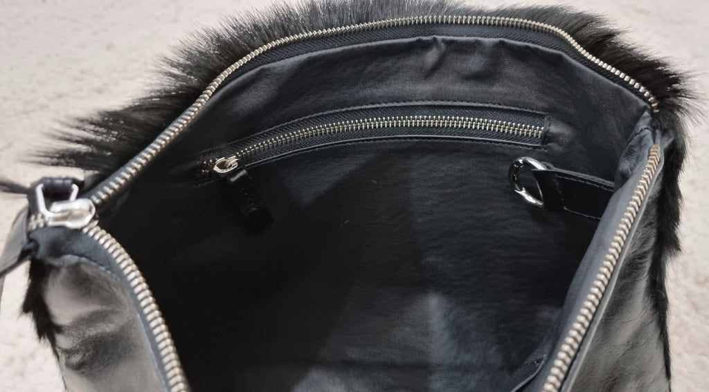SHERENE MELINDA LONDON Black Leather & Springbok Hair Zip Fasten Clutch Bag