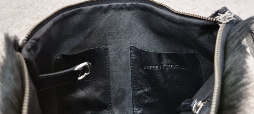 SHERENE MELINDA LONDON Black Leather & Springbok Hair Zip Fasten Clutch Bag