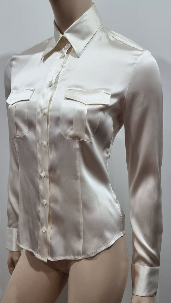 LAURA SCHUBERT Ivory Cream Silk Satin Blend Long Sleeve Blouse Shirt Top UK8