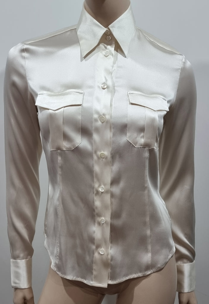 LAURA SCHUBERT Ivory Cream Silk Satin Blend Long Sleeve Blouse Shirt Top UK8