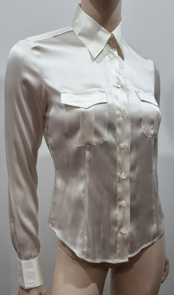 LAURA SCHUBERT Ivory Cream Silk Satin Blend Long Sleeve Blouse Shirt Top UK8