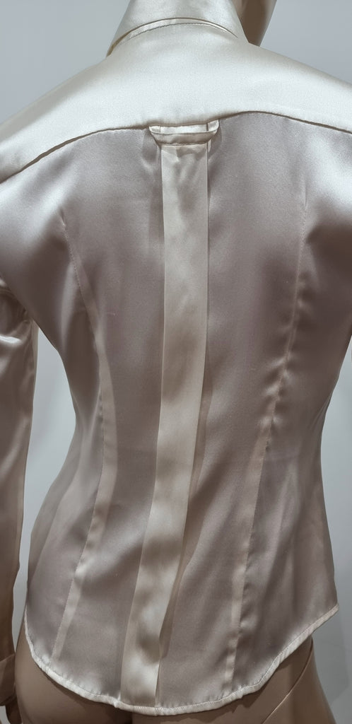 LAURA SCHUBERT Ivory Cream Silk Satin Blend Long Sleeve Blouse Shirt Top UK8