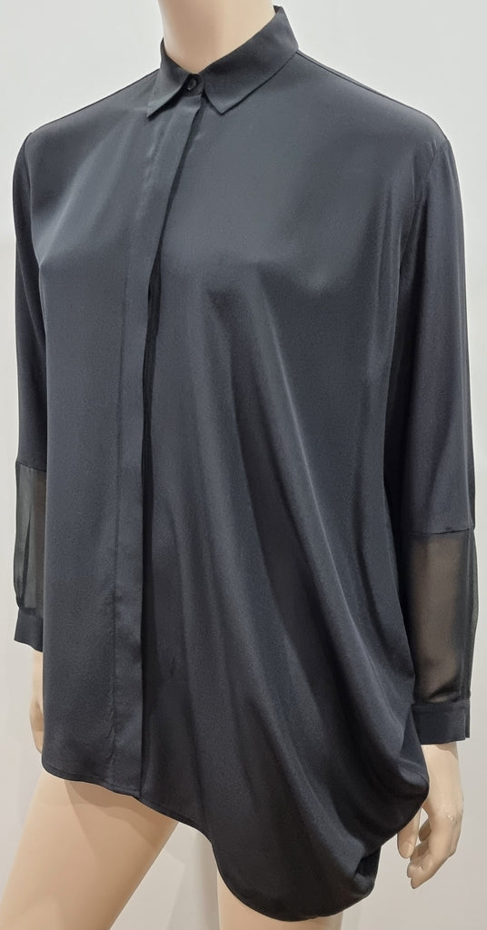 ALL SAINTS Black LOUI Silk Crepe De Chine Collared Draped Side Blouse Shirt UK4