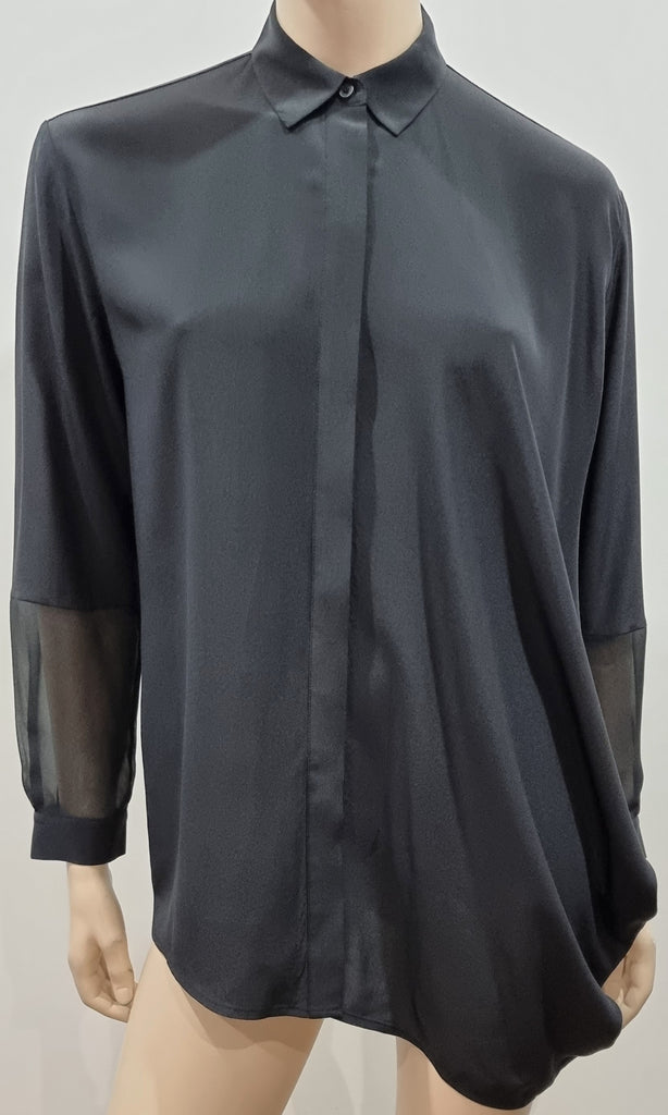 ALL SAINTS Black LOUI Silk Crepe De Chine Collared Draped Side Blouse Shirt UK4