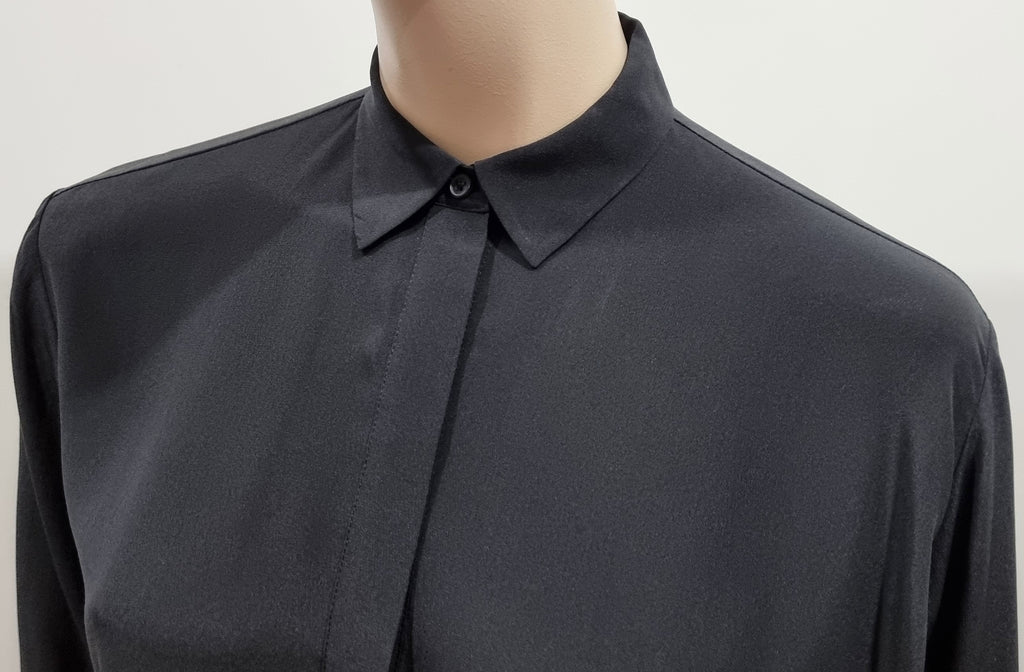 ALL SAINTS Black LOUI Silk Crepe De Chine Collared Draped Side Blouse Shirt UK4