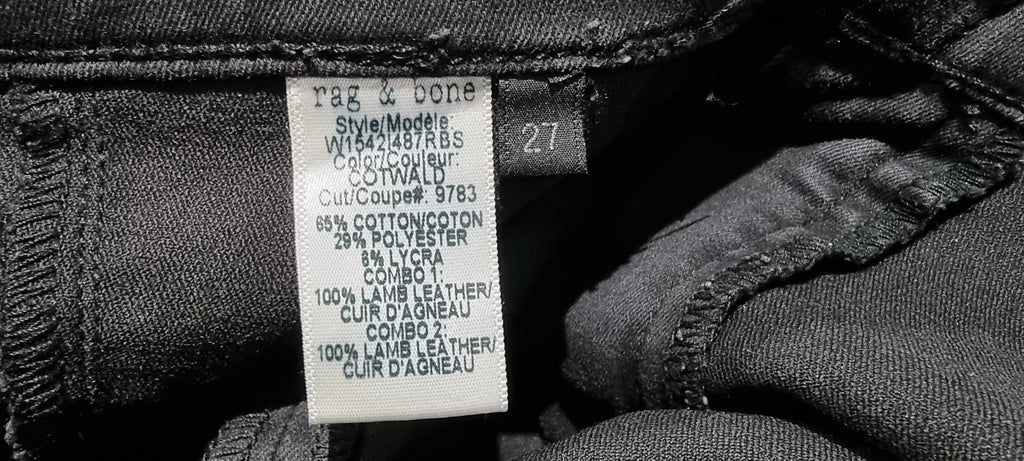 RAG & BONE / JEAN Charcoal Grey Black Leather Detailing Skinny Jeans Pants 27
