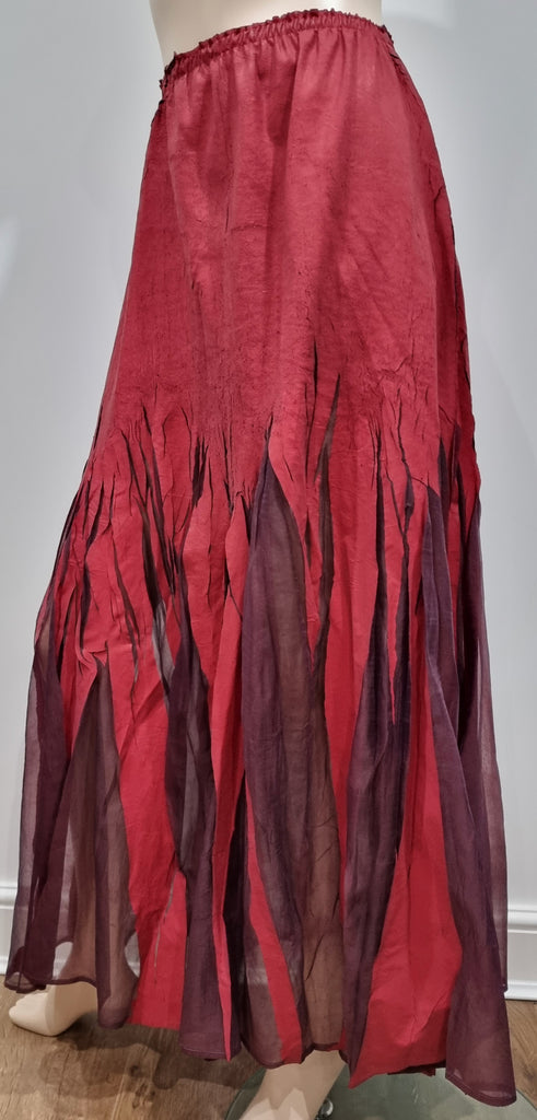 YOSHIKI HISHINUMA Deep Red & Purple Mesh Elastic Waist Crackled Long Maxi Skirt