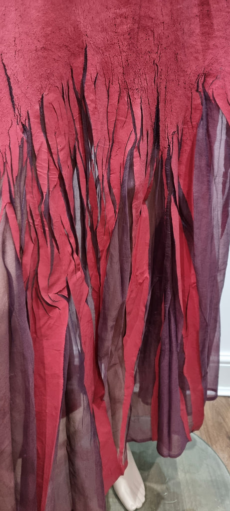 YOSHIKI HISHINUMA Deep Red & Purple Mesh Elastic Waist Crackled Long Maxi Skirt