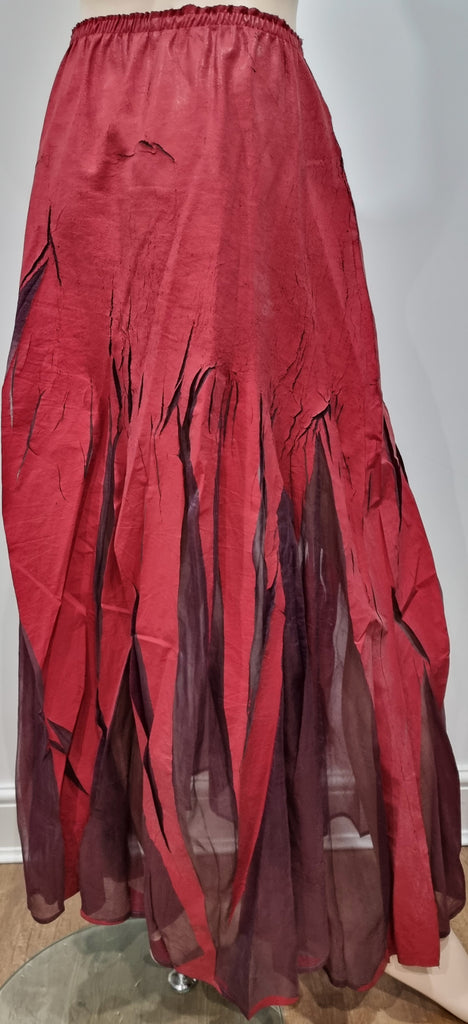 YOSHIKI HISHINUMA Deep Red & Purple Mesh Elastic Waist Crackled Long Maxi Skirt