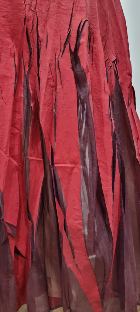 YOSHIKI HISHINUMA Deep Red & Purple Mesh Elastic Waist Crackled Long Maxi Skirt