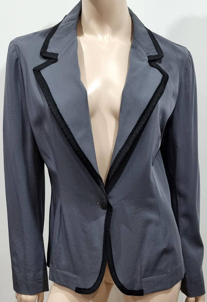 LANVIN Women's Grey 100% Wool Black Trim Formal Tailored Blazer Jacket 42 UK12