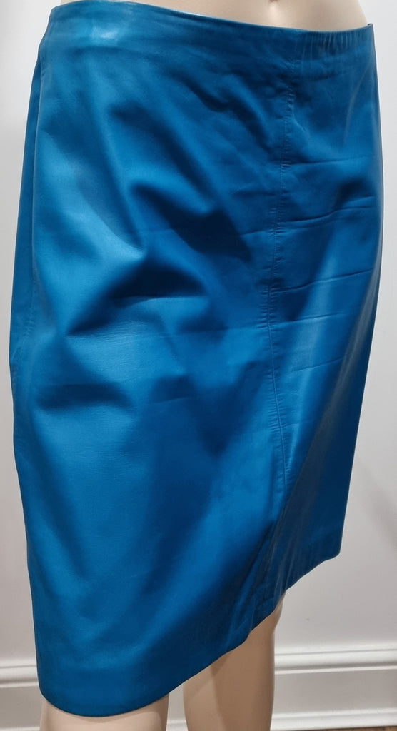 GIANNI VERSACE Bright Blue 100% Leather Straight Short Lined Skirt 44 UK12