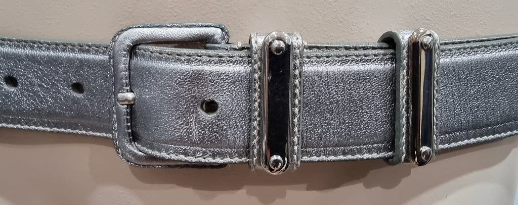 PRADA Made In Italy Silver Metallic Buckle Fastened Branded Leather Belt 85/34
