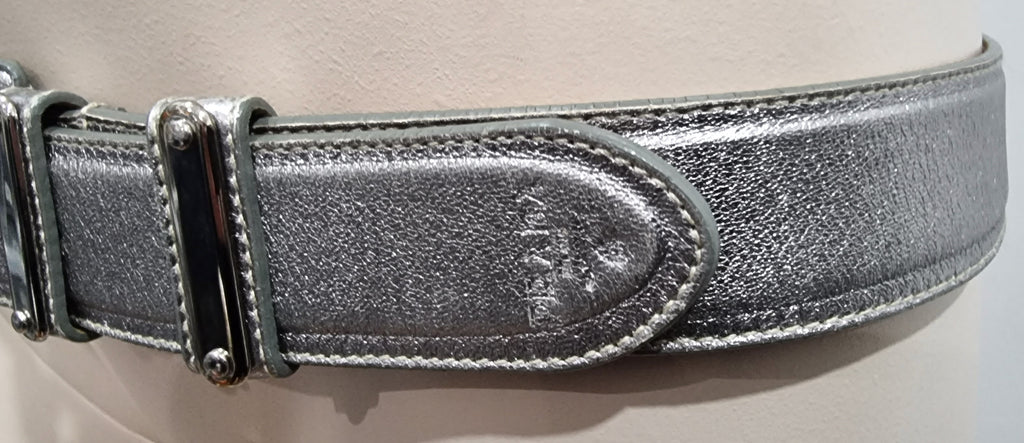 PRADA Made In Italy Silver Metallic Buckle Fastened Branded Leather Belt 85/34