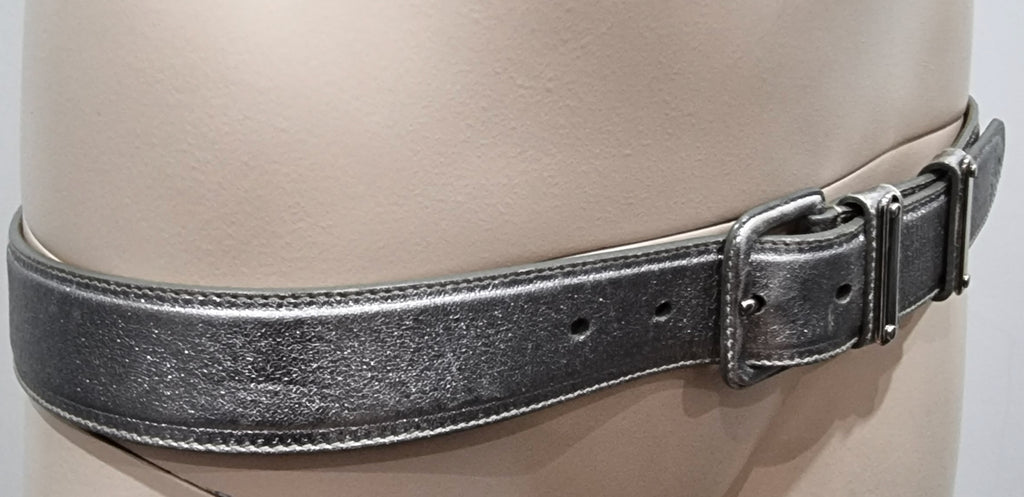 PRADA Made In Italy Silver Metallic Buckle Fastened Branded Leather Belt 85/34