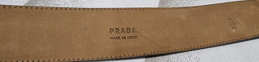 PRADA Made In Italy Silver Metallic Buckle Fastened Branded Leather Belt 85/34