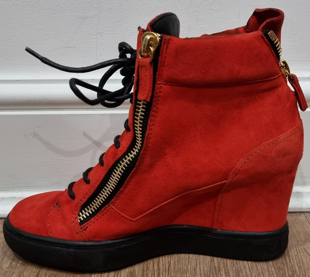 GIUSEPPE ZANOTTI Orangey Red Suede Zipper & Lace Fasten Hiden Wedge Sneakers