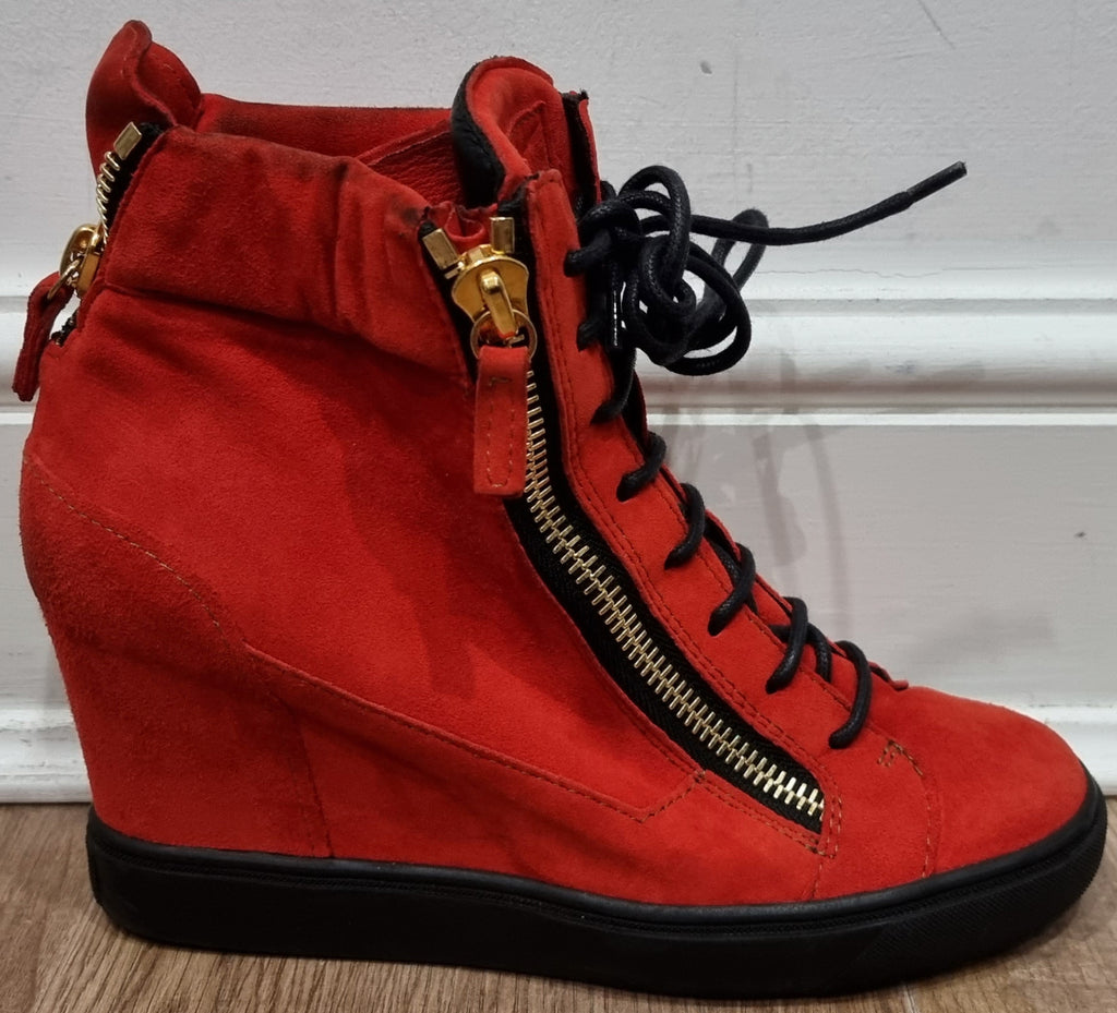 GIUSEPPE ZANOTTI Orangey Red Suede Zipper & Lace Fasten Hiden Wedge Sneakers