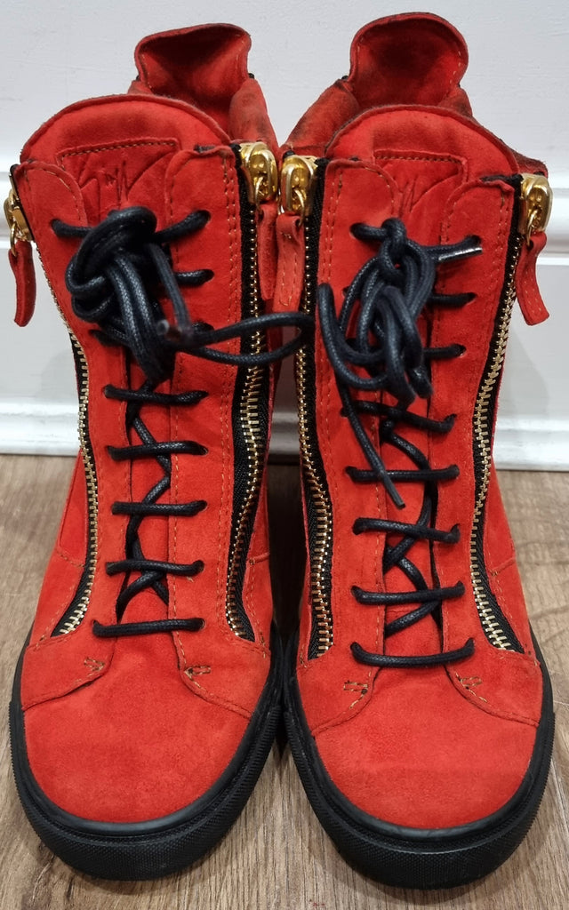 GIUSEPPE ZANOTTI Orangey Red Suede Zipper & Lace Fasten Hiden Wedge Sneakers